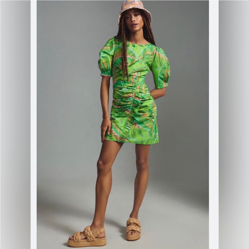 NWOT Anthropologie Farm Rio Puff-Sleeve Green Mini Dress XXL